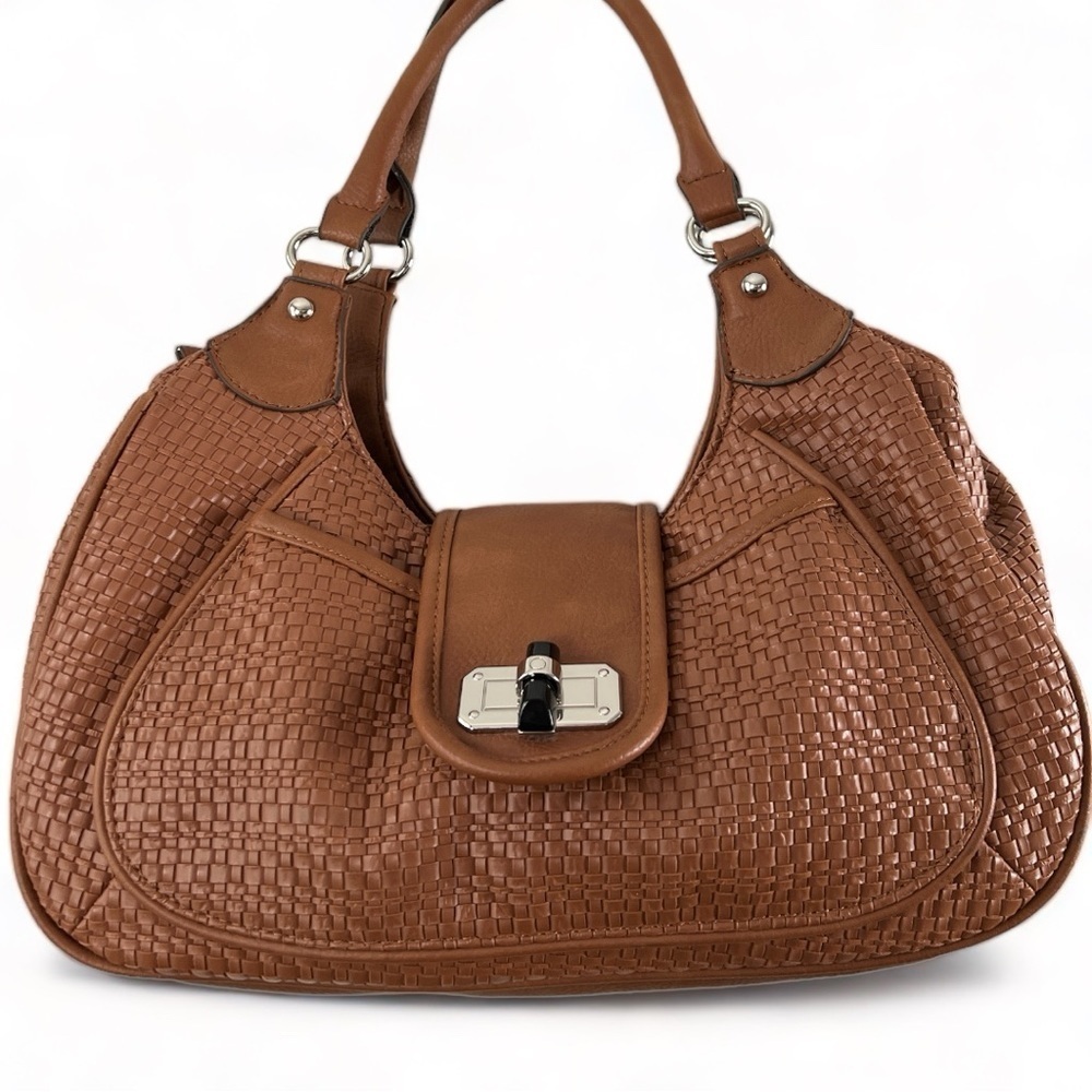Kelly & Katie Brown Woven Vegan Leather Purse Satchel Hand Bag Silver Accent
